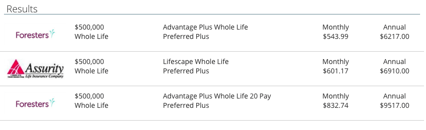 Whole Life Insurance Sample Quote